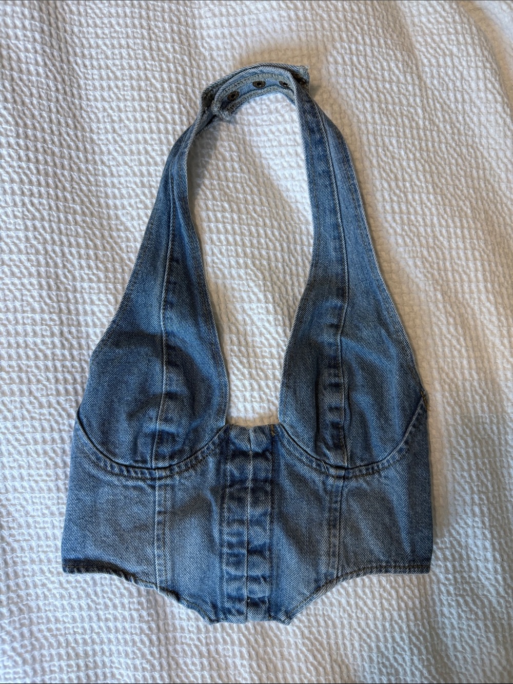Edikted Denim Halter Crop Top in Light Blue